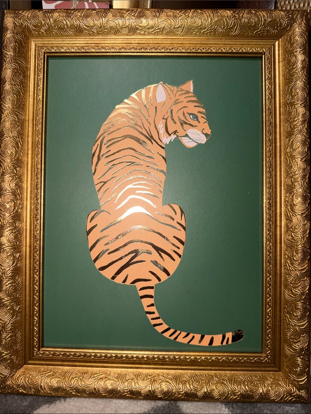 13”X11” gold frame tiger print in matte green